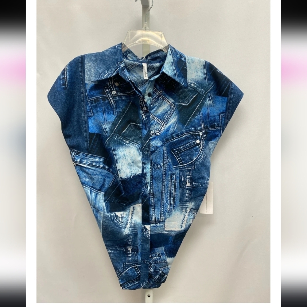 Live 4 Truth Medium Short Sleeve Top Blue Faux Denim Patchwork Shirt